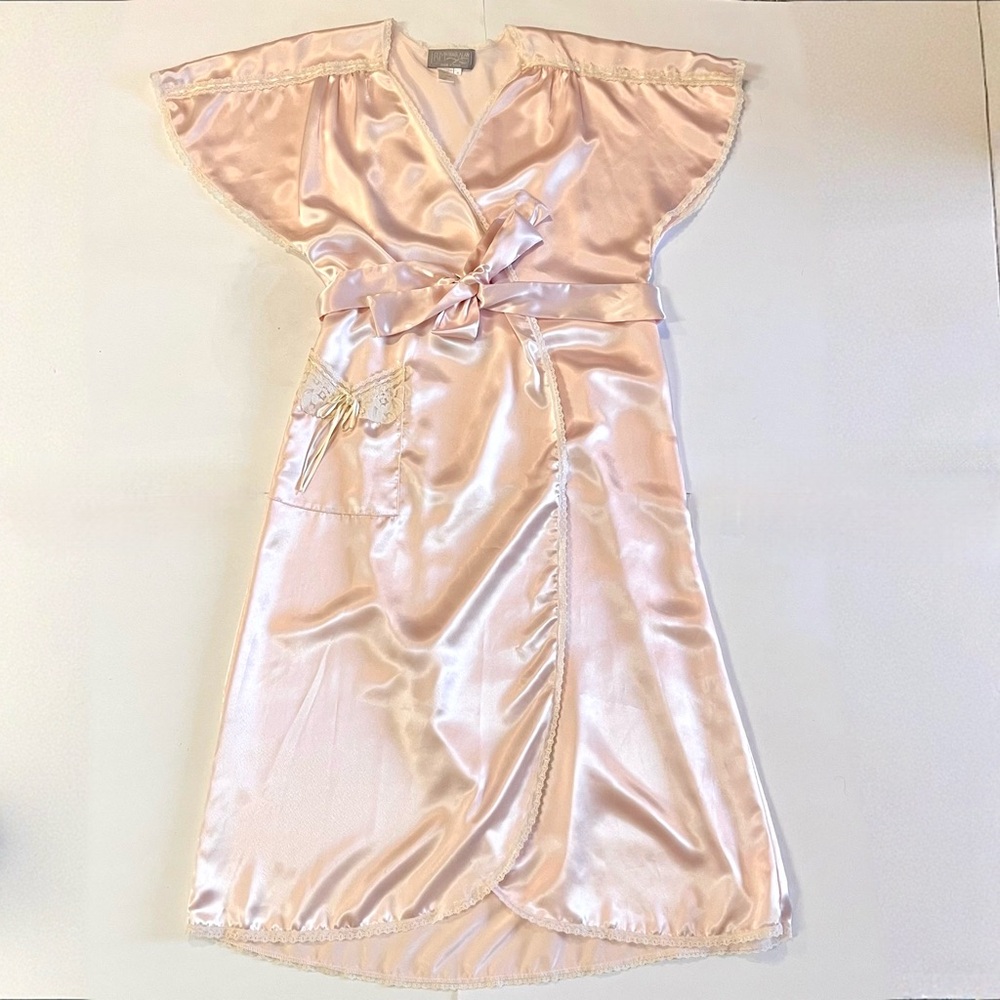 Vintage R Michael Alan Satin Dressing Robe Light Pink Size M Short Sleeve Lace